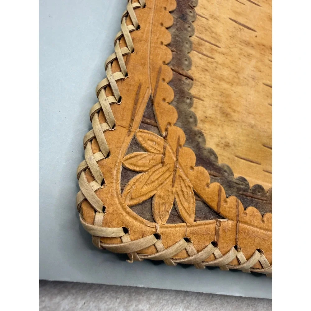 Vintage European MCM Birch Bark Photo Frame Hand Carved Floral 5.5x3.5 Rustic